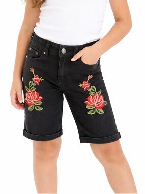 Sandpiper Girls Black Denim Bermuda Shorts Floral Embroidered Size 6 Stretch